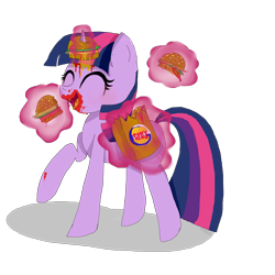 Size: 3111x3111 | Tagged: safe, artist:misspolycysticovary, character:twilight sparkle, character:twilight sparkle (alicorn), species:alicorn, species:pony, episode:twilight time, g4, my little pony: friendship is magic, burger king, eating, fast food, female, food, grease, hay burger, ketchup, magic, mare, messy, messy eating, solo, that pony sure does love burgers, twilight burgkle