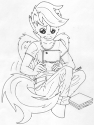 Size: 678x908 | Tagged: safe, artist:greenlinzerd, character:scootaloo, species:anthro, species:pegasus, species:pony, species:unguligrade anthro, clothing, collarbone, console, female, lineart, monochrome, nintendo ds, older, scootaloo will show us games to play, solo, tongue out, wip