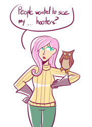 Size: 725x1000 | Tagged: safe, artist:php52, character:fluttershy, species:bird, species:human, species:owl, animal, breasts, clothing, delicious flat chest, drawfag, flattershy, gloves, humanized, no rule 34 here, pun, request, ribbed sweater, visual gag