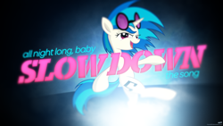 Size: 1920x1080 | Tagged: safe, artist:adrianimpalamata, artist:kaz92, artist:scourge707, character:dj pon-3, character:vinyl scratch, species:pony, species:unicorn, cutie mark, female, glow, hooves, horn, lens flare, lyrics, mare, open mouth, selena gomez, slow down, solo, song reference, sunglasses, text, vector, wallpaper