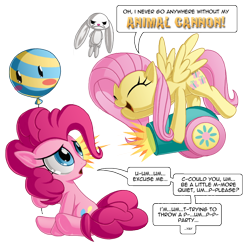 Size: 1000x1000 | Tagged: safe, artist:berrypawnch, character:angel bunny, character:fluttershy, character:pinkie pie, species:earth pony, species:pegasus, species:pony, andrea libman, angel bunny is unamused, angry, balloon, blush sticker, blushing, cannon, carrying, cute, dialogue, eyes closed, female, frown, glare, grumpy, hoof hold, lidded eyes, looking back, mare, open mouth, party cannon, personality swap, role reversal, sad, sadorable, shy, shyabetes, smiling, speech bubble, spread wings, unamused, underhoof, voice actor joke, wings, yay