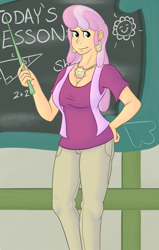 Size: 1300x2046 | Tagged: safe, artist:hamflo, character:cheerilee, species:human, chalkboard, ear piercing, earring, female, humanized, jewelry, looking at you, necklace, piercing, smiling, solo