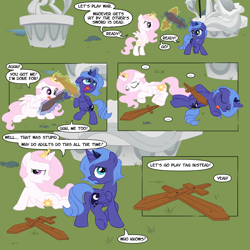 Size: 1200x1200 | Tagged: safe, artist:sketchyjackie, character:princess celestia, character:princess luna, species:pony, ..., bipedal, blep, bored, calvin and hobbes, cewestia, colored, comic, cute, cutelestia, double knockout, eyes closed, fight, filly, floppy ears, frown, lunabetes, magic, on back, on side, open mouth, pink-mane celestia, playing, playing dead, raised leg, rearing, roleplaying, smiling, sword, telekinesis, tongue out, walking, war, weapon, wooden sword, woona, younger