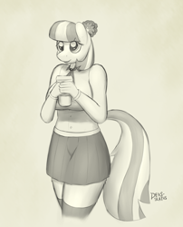 Size: 806x1000 | Tagged: safe, artist:devs-iratvs, character:coco pommel, species:anthro, breasts, busty coco pommel, clothing, coffee, female, monochrome, signature, sketch, solo, thigh highs, zettai ryouiki