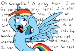 Size: 1500x1000 | Tagged: safe, artist:m_d_quill, character:rainbow dash, female, grey hair, panic, solo