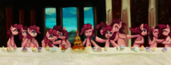 Size: 1000x381 | Tagged: safe, artist:girlieginger, character:pinkie pie, species:earth pony, species:pony, episode:too many pinkie pies, g4, my little pony: friendship is magic, female, fine art parody, mare, multeity, parody, the last supper, too much pink energy is dangerous