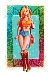 Size: 2480x3507 | Tagged: safe, artist:minamikoboyasy, character:applejack, species:human, belly button, female, front knot midriff, humanized, midriff, solo