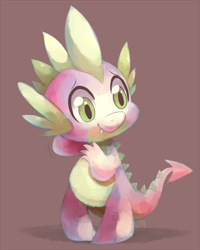 Size: 825x1029 | Tagged: safe, artist:sharmie, character:spike, species:dragon, arm behind head, baby, baby dragon, cute, fangs, green eyes, male, nervous, shadow, signature, simple background, smiling, solo, spikabetes