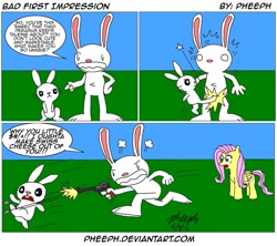 Size: 1015x900 | Tagged: safe, artist:pheeph, character:angel bunny, character:fluttershy, angel is a bunny bastard, comic, crossover, gun, kicked in the crotch, luger, max, sam and max