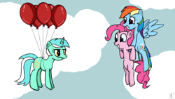 Size: 800x450 | Tagged: safe, artist:subjectnumber2394, character:lyra heartstrings, character:pinkie pie, character:rainbow dash, balloon, flying, prank