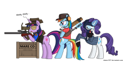 Size: 1024x512 | Tagged: safe, artist:drako1997, character:rainbow dash, character:rarity, character:twilight sparkle, species:pegasus, species:pony, backstab, balisong, baseball bat, bipedal, butterfly knife, comic, crossover, cutie mark, eyes closed, female, glasses, glowing horn, gun, headset, hooves, knife, levitation, magic, mare, necktie, optical sight, rainbow scout, rarispy, rifle, scout, simple background, smiling, sniper, sniper rifle, spy, talking, team fortress 2, teeth, telekinesis, text, tongue out, transparent background, twilight sniper, weapon, wings
