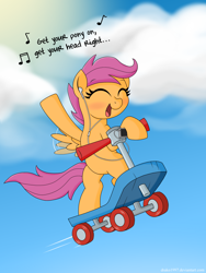 Size: 3000x4000 | Tagged: safe, artist:drako1997, character:scootaloo, species:pegasus, species:pony, earbuds, female, ipod, mp3 player, scooter, singing, solo
