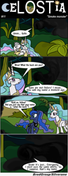 Size: 1300x3341 | Tagged: safe, artist:bredgroup, character:princess celestia, character:princess luna, species:alicorn, species:pony, comic:celostia, :o, bandage, comic, dialogue, female, frown, injured, injured wing, looking back, lost, mare, open mouth, prone, raised hoof, smoke monster, speech bubble, text, translation, wide eyes