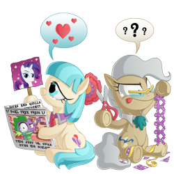 Size: 1000x1000 | Tagged: safe, artist:berrypawnch, character:coco pommel, character:mayor mare, character:rarity, character:spike, ship:marshmallow coco, cathy weseluck, craft, dialogue, dye, emoticon, female, heart, lesbian, newspaper, paper doll chain, personality swap, pictogram, scissors, shipping, simple background, speech bubble, transparent background, voice actor joke