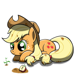 Size: 2500x2500 | Tagged: safe, artist:bigshot232, character:applejack, character:bloomberg, apple, dirty, female, mud, plant, prone, smiling, solo