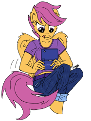 Size: 2710x3630 | Tagged: safe, artist:greenlinzerd, character:scootaloo, species:anthro, species:pegasus, species:pony, species:unguligrade anthro, blep, clothing, collarbone, dsi, female, nintendo, older, simple background, solo, tongue out, transparent background