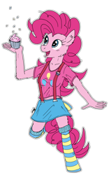 Size: 706x1132 | Tagged: safe, artist:greenlinzerd, character:pinkie pie, species:anthro, species:unguligrade anthro, badge, clothing, collarbone, cupcake, cutie mark on clothes, female, fluffy, frosting, midriff, pink! so much pink!, simple background, skirt, socks, solo, sprinkles, striped socks, suspenders, t-shirt, transparent background