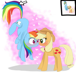 Size: 918x870 | Tagged: safe, artist:misspolycysticovary, character:applejack, character:rainbow dash, desktop ponies, ship:appledash, blushing, boop, cross-eyed, cursor, cute, eye contact, female, frown, heart, lesbian, noseboop, shipper on deck, shipping, smiling, suspended, tail pull