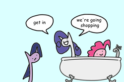 Size: 600x398 | Tagged: safe, artist:wollap, character:pinkie pie, character:rarity, character:twilight sparkle, bathtub, blue background, comic, dialogue, long neck, necc, shopping, simple background, speech bubble, stylistic suck
