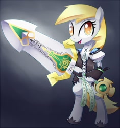 Size: 846x900 | Tagged: safe, artist:negativefox, character:derpy hooves, species:pony, bipedal, clothing, crossover, dept. heaven, gran centurio, hoof hold, open mouth, smiling, sword, weapon, yggdra union