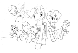 Size: 1023x693 | Tagged: safe, artist:php64, character:applejack, character:fluttershy, character:pinkie pie, character:rainbow dash, character:rarity, character:twilight sparkle, batman, clothing, dc comics, green lantern, justice league, mane six, martian manhunter, monochrome, outfits, suit, superman, the flash, traditional art, wonder woman