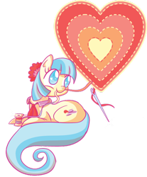 Size: 600x726 | Tagged: safe, artist:xkappax, character:coco pommel, species:earth pony, species:pony, female, heart, mare, mouth hold, needle, rainbow thread, sewing, solo, thread