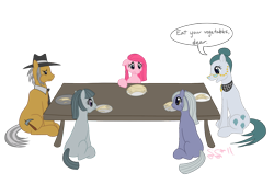 Size: 1144x770 | Tagged: safe, artist:alipes, character:cloudy quartz, character:igneous rock pie, character:limestone pie, character:marble pie, character:pinkamena diane pie, character:pinkie pie, eating, filly, floppy ears, frown, hay, pie family, puffy cheeks, quartzrock, sad, simple background, sitting, smiling, table, transparent background