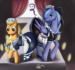 Size: 1081x1006 | Tagged: safe, artist:alipes, character:applejack, character:princess luna, clothing, maid, mary janes, s1 luna