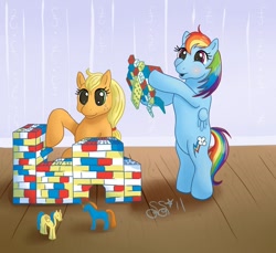 Size: 994x911 | Tagged: safe, artist:alipes, character:applejack, character:rainbow dash, species:pony, bipedal, filly, lego, younger