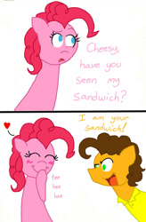 Size: 725x1102 | Tagged: safe, artist:crazynutbob, character:cheese sandwich, character:pinkie pie, ship:cheesepie, asdfmovie, blushing, comic, cute, dialogue, eyes closed, female, flirting, heart, male, parody, shipping, smiling, straight