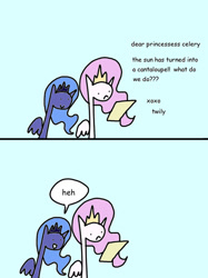 Size: 500x667 | Tagged: safe, artist:wollap, character:princess celestia, character:princess luna, character:twilight sparkle, :<, :d, cantaloupe, celery, comic, frown, heh, letter, open mouth, princess celery, smiling, sun