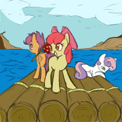 Size: 600x600 | Tagged: safe, artist:arcum42, artist:fajeh, edit, character:apple bloom, character:scootaloo, character:sweetie belle, species:earth pony, species:pegasus, species:pony, species:unicorn, g4, adorabloom, bindle, colored, cute, cutealoo, cutie mark crusaders, diasweetes, eye clipping through hair, female, lying down, no pupils, profile, prone, raft, river, scenery, smiling, three quarter view, water