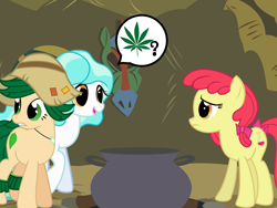 Size: 1280x960 | Tagged: safe, artist:violetclm, character:apple bloom, character:paisley, episode:bloom and gloom, g4, my little pony: friendship is magic, my little pony:equestria girls, 420, background human, cauldron, dialogue, equestria girls ponified, marijuana, older, ponified, speech bubble, sweet leaf