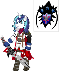 Size: 1293x1539 | Tagged: safe, artist:jewelsfriend, artist:trinity-comettrail, character:shining armor, species:anthro, cape, clothing, crossover, final fantasy, final fantasy xiii, gleaming shield, gunblade, lightning, rule 63, sword