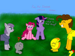 Size: 800x600 | Tagged: safe, artist:crazynutbob, character:boneless, character:cheese sandwich, character:maud pie, character:pinkie pie, character:twilight sparkle, character:twilight sparkle (alicorn), species:alicorn, species:earth pony, species:pony, :3, boneless 2, c:, cheese, cheese wheel, confused, crossover, dialogue, eyes closed, female, fight, floppy ears, frown, geodude, grin, lidded eyes, male, mare, outdoors, pokémon, pokémon battle, question mark, smiling, squee, stallion, text, wat, wide eyes