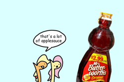 Size: 500x332 | Tagged: safe, artist:wollap, character:applejack, character:fluttershy, applesauce, comic, syrup