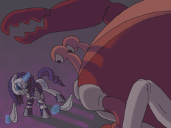 Size: 1024x768 | Tagged: safe, artist:crispokefan, character:rarity, oc, oc:tom the crab, giant crab, god of war, kratos, rarity fighting a giant crab, sword