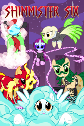 Size: 4666x7000 | Tagged: safe, artist:violetclm, character:cherry crash, character:drama letter, character:mystery mint, character:paisley, character:sunset shimmer, character:watermelody, species:pony, g4, my little pony:equestria girls, absurd resolution, background human, bald, beret, cherry crash, clothing, doctor octopus, electro, equestria girls ponified, hydro-man, kraven the hunter, mask, mysterio, net, ponified, raccoon, sandman, scarf, shimmer six, shocker, sinister six, spider-man, sweet leaf, the vulture
