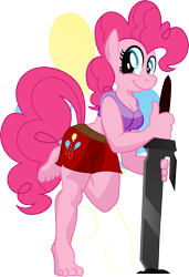 Size: 3503x5124 | Tagged: safe, artist:gray-gold, character:pinkie pie, species:anthro, species:plantigrade anthro, barefoot, feet, female, solo, sword