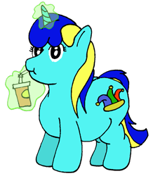 Size: 913x1046 | Tagged: safe, artist:fatponysketches, oc, oc only, oc:jester bells, drinking, fat, female, filly, hay burger, magic, solo, tumblr