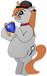 Size: 1473x2373 | Tagged: safe, artist:fatponysketches, oc, oc only, oc:quick shine, species:pony, bipedal, bowler hat, chubby, cloth, clothing, collar, colored, emerald, fat, gem, hat, magnifying glass, male, polishing, redhead, solo, stone