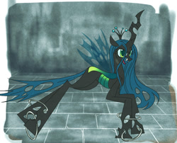 Size: 769x622 | Tagged: safe, artist:nmnkgskds, character:queen chrysalis, species:changeling, bound, crown, female, horn, jewelry, pixiv, regalia, ring, simple background, solo, wings