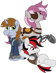 Size: 3063x3971 | Tagged: safe, artist:t-3000, oc, oc only, oc:blackjack, oc:hired gun, oc:littlepip, species:earth pony, species:pony, species:unicorn, fallout equestria, fallout equestria: project horizons, clothing, cyborg, fanfic, fanfic art, female, horn, mare, pipbuck, saddle, simple background, tack, transparent background, vault suit
