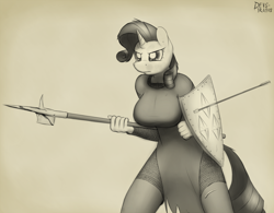 Size: 1280x1000 | Tagged: safe, artist:devs-iratvs, character:rarity, species:anthro, armor, blood, breasts, busty rarity, chainmail, female, halberd, monochrome, shield, sketch, solo, weapon