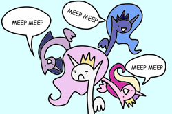 Size: 600x398 | Tagged: safe, artist:wollap, character:princess cadance, character:princess celestia, character:princess luna, character:twilight sparkle, character:twilight sparkle (alicorn), species:alicorn, species:pony, alicorn tetrarchy, alicorns everywhere, blue background, comic, frown, meep, meep meep, pink-mane celestia, simple background, wat