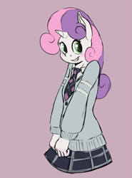 Size: 907x1226 | Tagged: dead source, safe, artist:fiddlearts, character:sweetie belle, species:anthro, species:unicorn, g4, clothing, cute, diasweetes, female, necktie, purple background, school uniform, simple background, skirt, solo