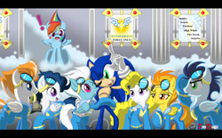 Size: 1487x920 | Tagged: safe, artist:brodogz, character:fire streak, character:fleetfoot, character:high winds, character:rainbow dash, character:soarin', character:sonic the hedgehog, character:spitfire, character:surprise, chaos in equestria, commission, crossover, fanfic art, sonic the hedgehog (series), wonderbolts, wonderbolts uniform