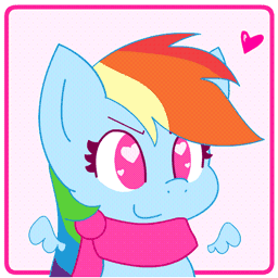 Size: 256x256 | Tagged: safe, artist:hungrysohma, part of a set, character:rainbow dash, species:pegasus, species:pony, animated, bouncing, chibi, clothing, cute, dashabetes, female, flapping, floating wings, heart, heart eyes, scarf, smiling, solo