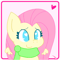 Size: 256x256 | Tagged: safe, artist:hungrysohma, part of a set, character:fluttershy, species:pegasus, species:pony, animated, bouncing, chibi, clothing, cute, female, flapping, floating wings, heart, heart eyes, mare, scarf, shyabetes, smiling, solo