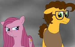 Size: 800x500 | Tagged: safe, artist:crazynutbob, character:cheese sandwich, character:pinkamena diane pie, character:pinkie pie, ship:cheesepie, alternate universe, female, glasses, male, shipping, straight, straight hair, the rock farmer's daughters